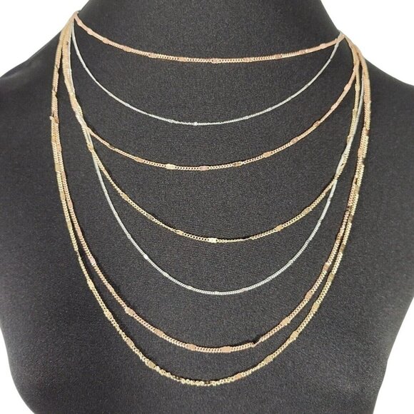 Gold Silver 3-Tone 7 Strand Choker Layered Necklace Jewelry Lobster Clasp - Picture 1 of 4